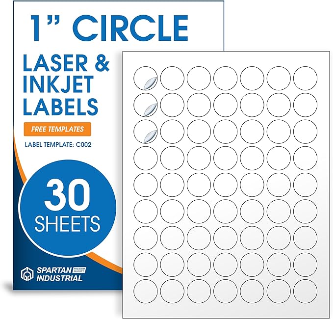 1" Printable Round Labels for Laser and Inkjet Printers - 1890 Blank Labels, 30 Sheets for Price Tags, Thank You Stickers, QR Codes, Business Logos - Spartan Industrial Template C002