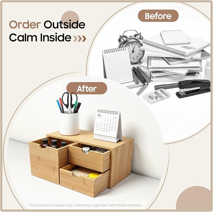 Ringmaster Bamboo Desk Organizer with 3 Drawers,Mini Desktop Organizer Drawer Tabletop Storage Organization Box for Office Home Supplies