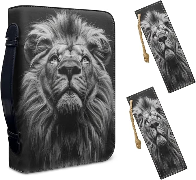 Lotusorchid Lion Print Bible Tote Bags for Women Bible Case with Matched Book Marks for Men, PU Leather Bible Cover Bible Bags Christian Bible Study Accessories, Black
