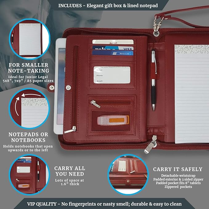 Customized Junior Zippered Leather Padfolio - Name/Logo Printed on Burgundy PU Leather Portfolio Binder & Organizer Folder with 8 Inch Tablet Sleeve & with Junior Legal Notepad