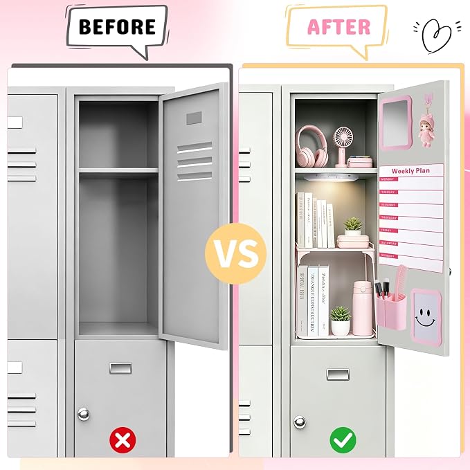 Pink Locker Accessories Kit 16PCS, School Locker Organizer Set with Shelf, Magnetic Mirror, Whiteboard Marker, Pen Holder, Rug, Magnetic Lights, Locker Decor for Girls Teens