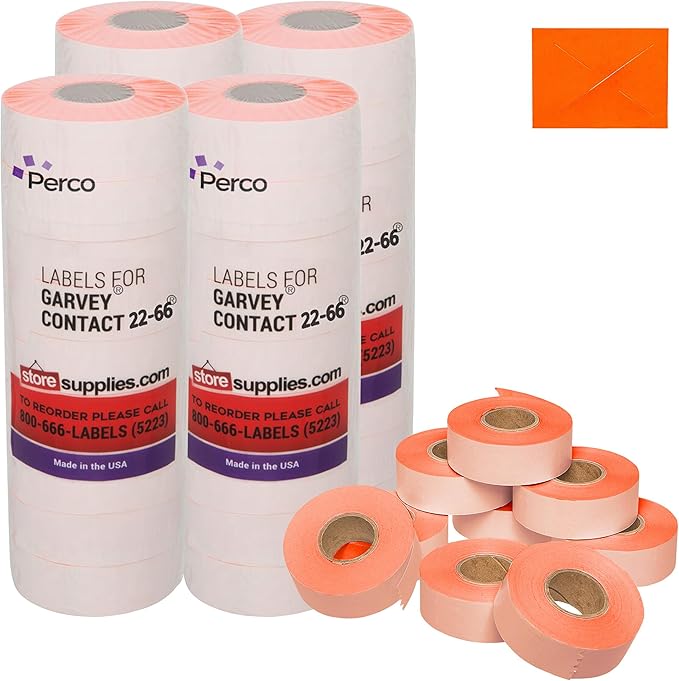 Perco Fluorescent Red Garvey 2216 Pricing Labels for Garvey 22-66/22-77/22-88 Two Line Pricing Gun - 36 Rolls, 4 Sleeve - 36,000 Pricemarking Labels and 4 Inker Included