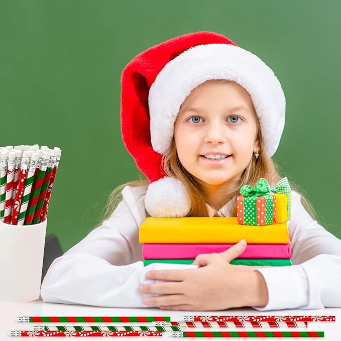 Cinrobiye 100 PCS Christmas Pencils Bulk,Christmas Candy Cane Writing Pencils with Eraser Xmas Stationery Pencil for Holiday School Party Favors Stocking Stuffers Classrooms Student Rewards
