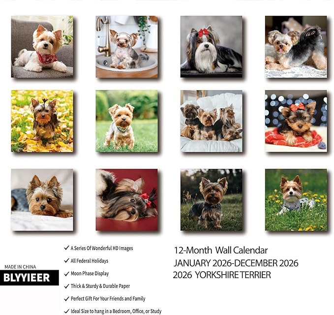 2026 Wall Calendar,Yorkshire Terrier Wall Calendar, 12" x 24" Open,Family Planner Calendar Organizer with Yorkshire Images, for Dogs Lovers
