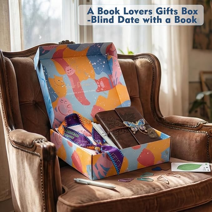 Blind Date with a Book for Book Lovers Gifts Box-10 Types of Books with Leather Retro Notebook,Luxury Bookmark,Scarf,Tags,Pens etc...Random Chosen Book with Goodies Perfect for Mother’s Day,Women
