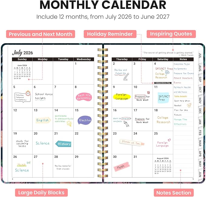 Planner 2026-2027, Monthly and Weekly Calendar Academic Planner July 2026 - June 2027, Hardcover Student Teacher Planning Agenda Book with Tabs, Perfect for Office School Supplies, A5 (6.3" x 8.5") - Jellyfish