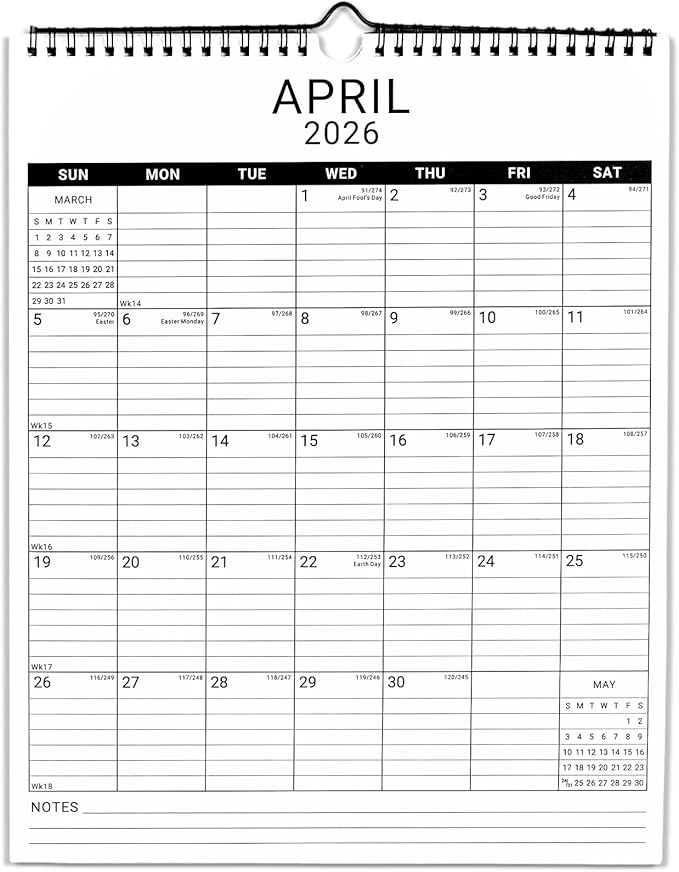 2026 Wall Calendar, 12 Month 11.5”x14.8 ‘’ Year Monthly Organizer from January 2026-2027 Vertical Blank Simple Spiral Bound Wire Hanging Calendar w/ Lines for Family, Home, Kitchen, Office White2