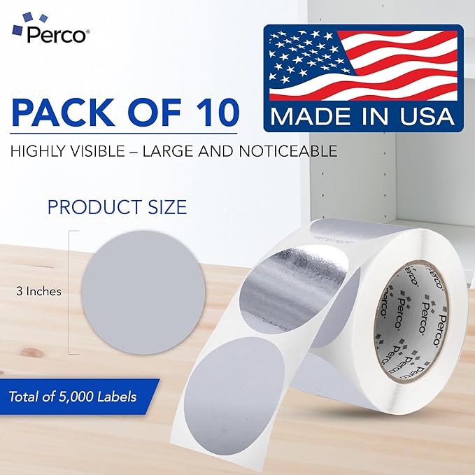 Perco Metallic Silver 3-Inch Perforated Circle Dot Sticker Labels—10 Rolls, 5,000 Round Stickers — with Permanent Adhesive for Award Seals, Event Marking, Packaging Accents, Gift Wrapping—Made in USA