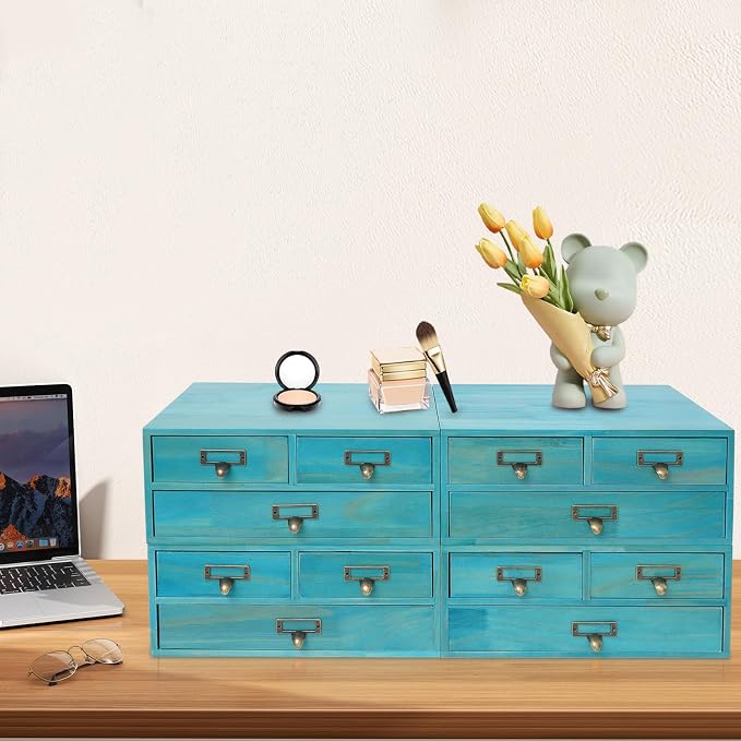 4 Pcs Vintage Wood Desktop Organizer, 4x3 Drawer Apothecary Cabinet with Metal Handles, Stackable Storage for Office Home School, Makeup Jewelry Tea Stationery Herbs