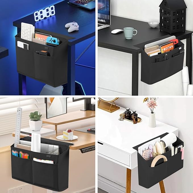 Desk Side Hanging Organizer, Adhesive Storage Bag with Pockets for Magazine Ipad Notebook, for End Tables Home Office Desks Computer Workstations Dressing Table, Black