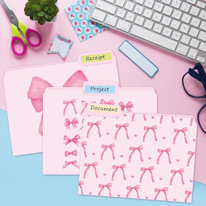 Xqumoi 12Pcs Coquette Pink Bow File Folders, Letter Size Bowknot Decorative File Pockets with 1/3 Cut Tab Pretty Colored Folders for Office Home Classroom Supplies Documents Paper, 8.9 x 11.6 Inch