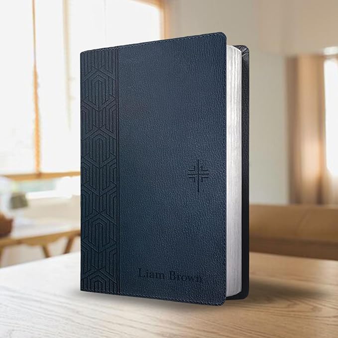 Personalized NLT Bible Faux Leather New Living Translation Bible Small Print Size with Geometric Design | Custom with Name | Gift for Religious Celebrations | Blue