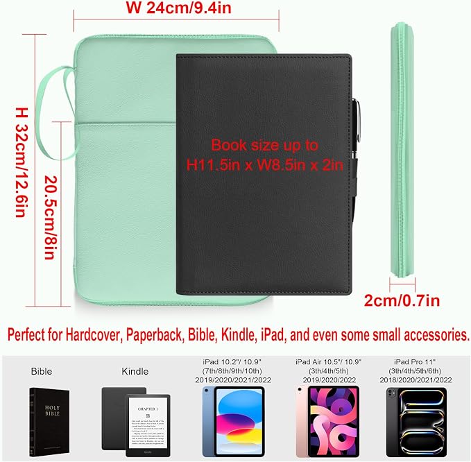 Green Book Sleeve Kindle Pouch, Book Protector Case with Zipper, PU Leather Waterproof Book Cover Bag, Portable Book Pouch for Book Lovers Gifts Paperbacks Bibles Hardcover