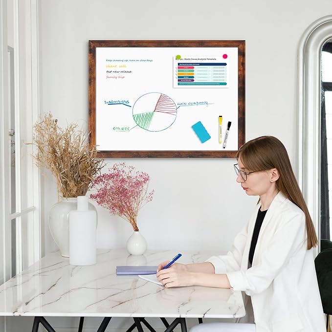 DOLLAR BOSS Magnetic Whiteboard for Wall 24" x 18" Vintage Wood Framed White Board Decorative Dry Erase Board for Home Office Shop Decor Display with 4 Markers, 8 Magnets, 1 Eraser, Rustic Brown