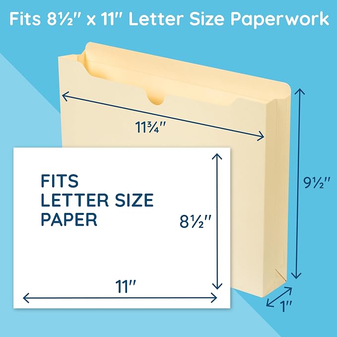 Blue Summit Supplies 1 Inch File Jacket Expansion, Pocket File Folders Letter Size Expanding 1 inch for Documents, Reinforced Straight Cut Tab, 1 in Expandable Folders, Letter Size, 50 Pack, Manila