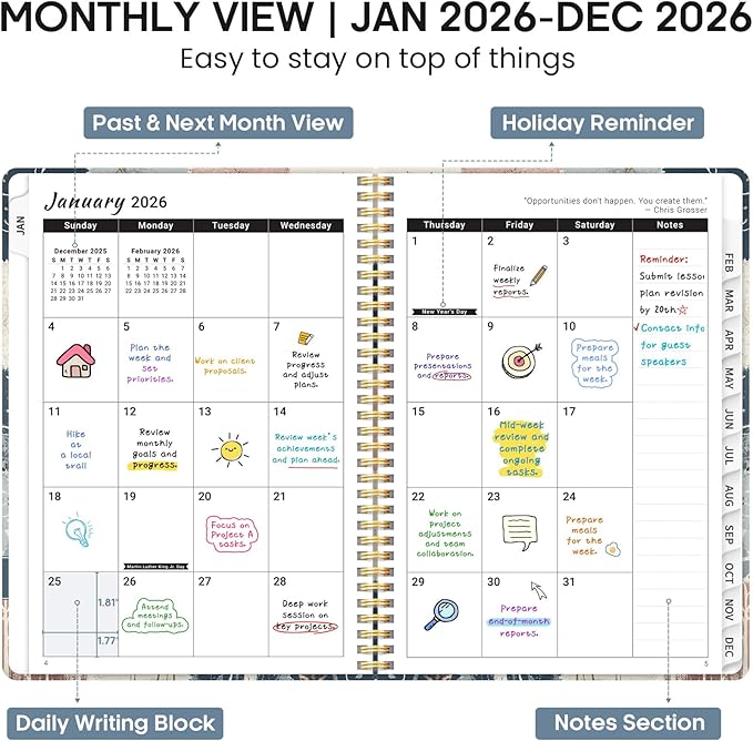 2026 Planner, Weekly and Monthly Calendar Planner Book, January 2026 - December 2026, Hardcover Spiral Planner with Monthly Tabs, Notes Pages, Perfect for Women & Men, A4 (8.5" x 11") - Deer