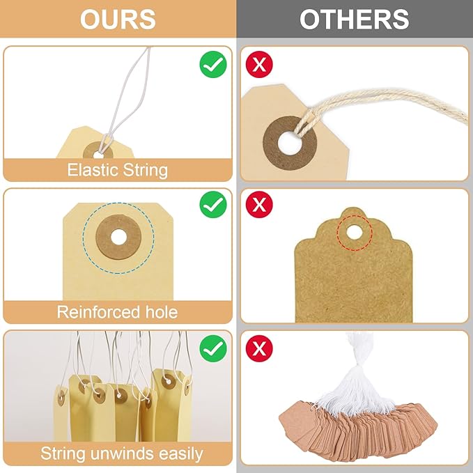 Manila Paper Tags with Elastic String - Coideal 200 Pcs Small Hang Price Tags Attached Reinforced Hole, Blank Marking Shipping Label for Hanging Gift Clothing Jewelry (2 3/4" x 1 3/8")