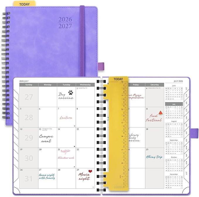 POPRUN 2026-2027 Monthly Planner, 6.5" x 8.5", 18 Month Calendar (July 2026 to December 2027) with Expense Tracker, Notes Pages, Sprial Bound, Leather Softcover - Lilac