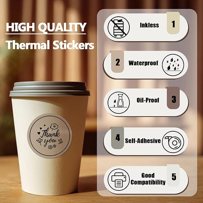 300Pcs 2 Inch Round Thermal Labels for Label Maker, Beige-Brown Series Thermal Stickers for Bakery, Candles, Cafe, 2x150Pcs/ Roll Circle Labels Compatible with PL70E/ PL80E/ Y812/ X1038 Label Printer