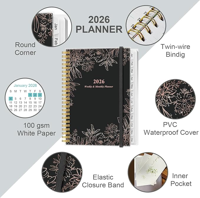 2026 Planner - Weekly Monthly Planner Spiral Bound from January 2026 to December 2026, Planner 2026 with 12 Monthly Tabs, Inner Pocket, Elastic Closure, Black Flowers