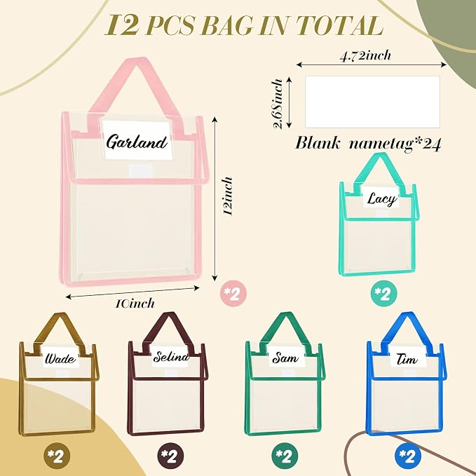 Teling 12 Pack Thick Clear Book Pouches with Blank Name Tags and Handles Book Baggies Bags Bins Organizer for School Classroom Library Pockets Students (10 x 12 Inch,Multi Color)