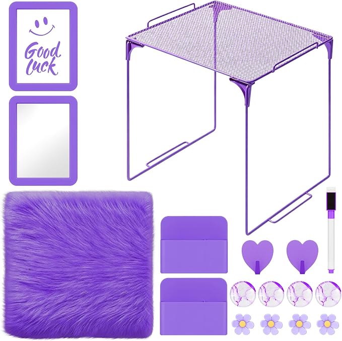 MoKo 17PCS Locker Accessories for Girls, Cute Locker Accessories Kit with Mesh Shelf, Magnetic Dry Erase Board, Mirror, Marker Holder, Marker, Plush Rug, Magnets, Lockers Decor for School/Work, Purple