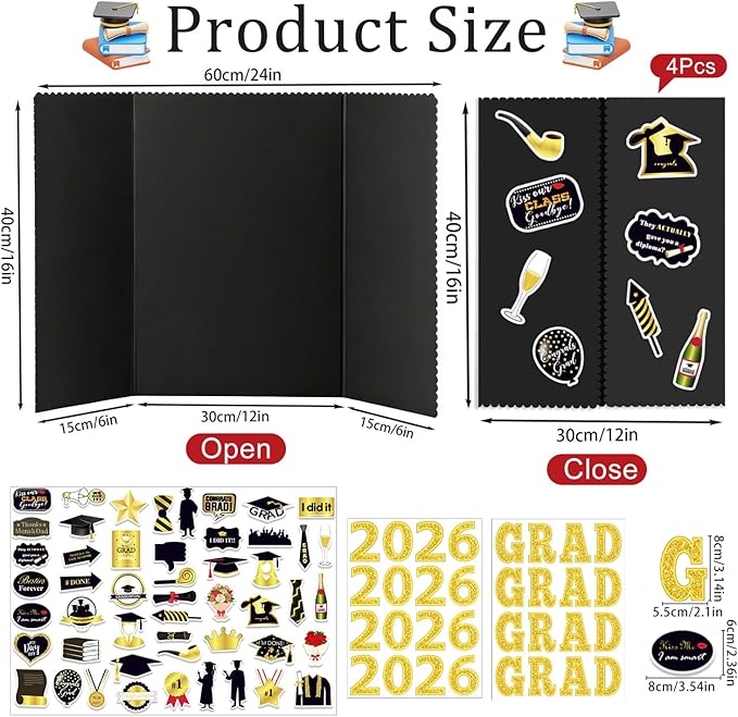 Graduation Photo Display Board - 4 Set Trifold Poster Board for Graduation Party, Folding Picture Presentation Frame for Multiple Pictures Table Decor (24x16 Inches)