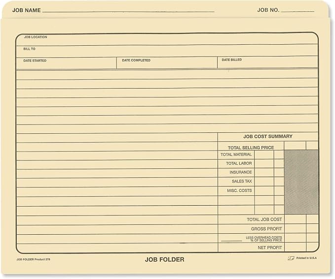 NextDayLabels - Classic Manila File Jacket 10” x 12” Job Folders – Heavy Duty - Preprinted to Track Job Progress, Calculating Cost, and Customer Correspondences (Pack of 25)