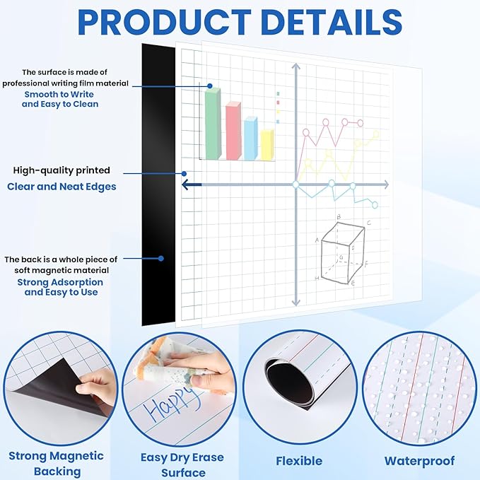 Giant Magnetic Graph Grid XY Coordinate Paper for Whiteboard Dry Erase Magnetic Lined Notebook Handwriting Paper Magnets with 6 Writing Pen for Teacher Math Classroom Must Have