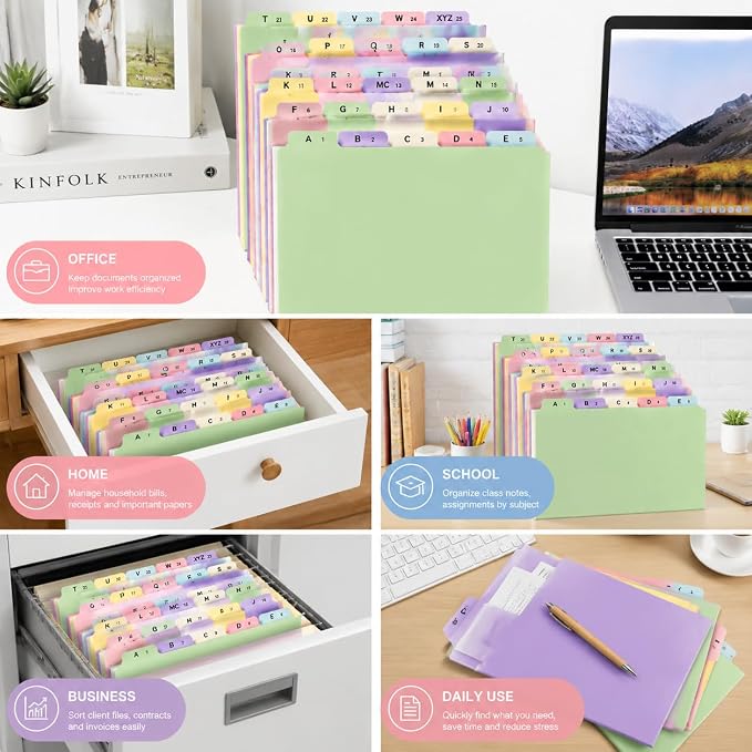 1 Set A-Z Alphabetical File Folder Guide Dividers, Alphabetic and Number Top Label Files, Legal Size, 25 Sheets Letter Size 1/5 Cut Positions File Cabinet Dividers for Office Home School