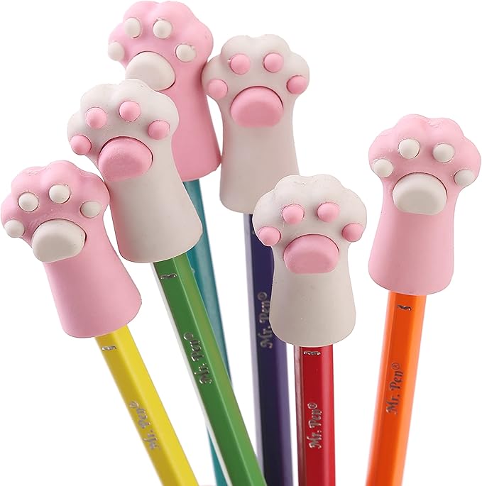 Mr. Pen- Cat Paw Top Eraser, 12 Pack, Cute Erasers for Kids, Pencil Erasers Toppers, Fun Eraser