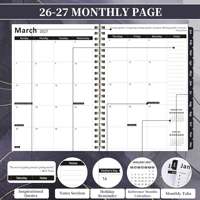2026-2027 Planner, 12 Months Monthly & Weekly Daily Planner July 2026 - June 2027, 8.5" x 6.2" Hardcover Agenda Organizer with Tabs, Spiral Bound Calendar Notebook for School Work Home, Floral Design (Black & Gilded)