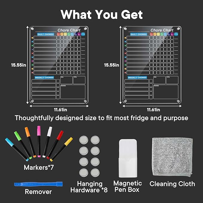 2-Pack Acrylic Magnetic Chore Chart for Kids, 12"x16" Daily/Weekly Easy-Check Reward Responsibility to Do List, Fridge Dry Erase Board for Multiple Kids Teens Adult Family, 7 Markers