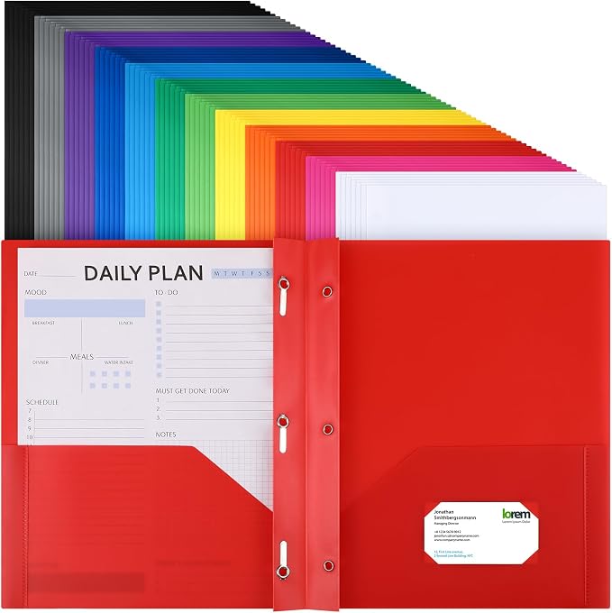 Cholemy 72 Packs Pocket Folders with Prongs Heavy Duty Plastic Folder with Business Card Slot 3 Prong Fasteners for School Office (Rainbow)