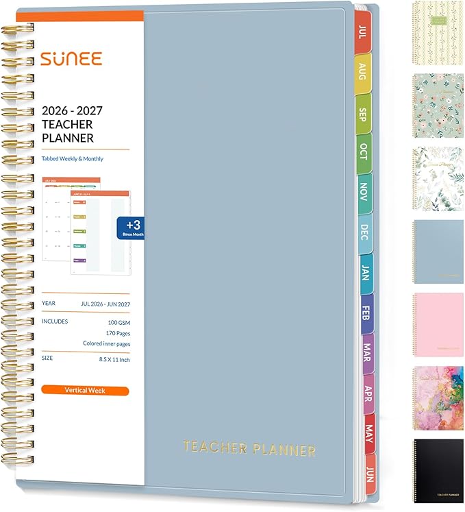 SUNEE Teacher Planner 2026-2027 Academic Year, Lite Lesson Planner Book with 7 Periods Jul 2026 - Jun 2027, 8.5"x11" Daily Weekly and Monthly Organizers, Plan Book with Pocket Folder, Color Tabs,Blue
