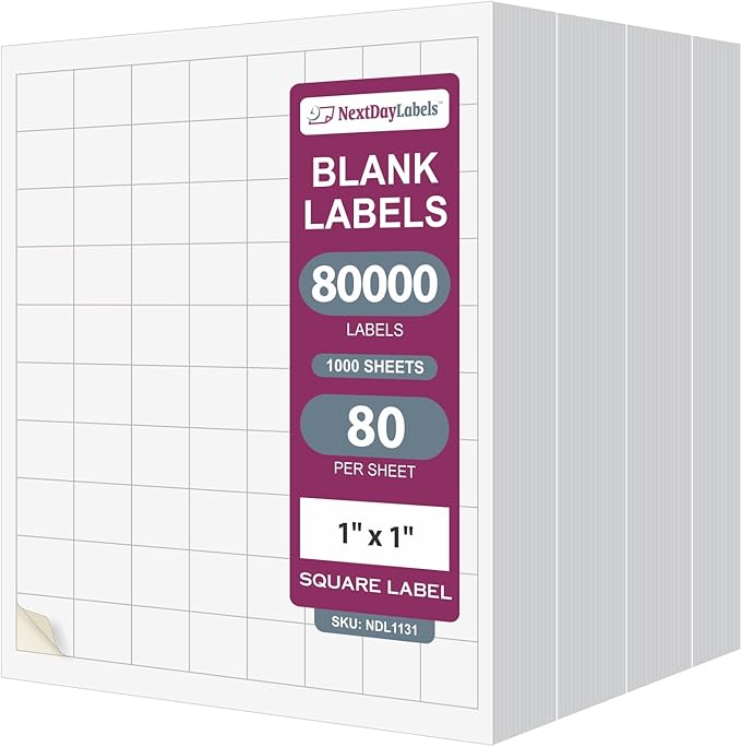 NextDayLabels 1x1 Inch Square Stickers White Blank Labels for Laser Inkjet Printer - 80 Per Sheet Self-Adhesive Color Coding Inventory Barcode Made in USA - 80,000 Labels