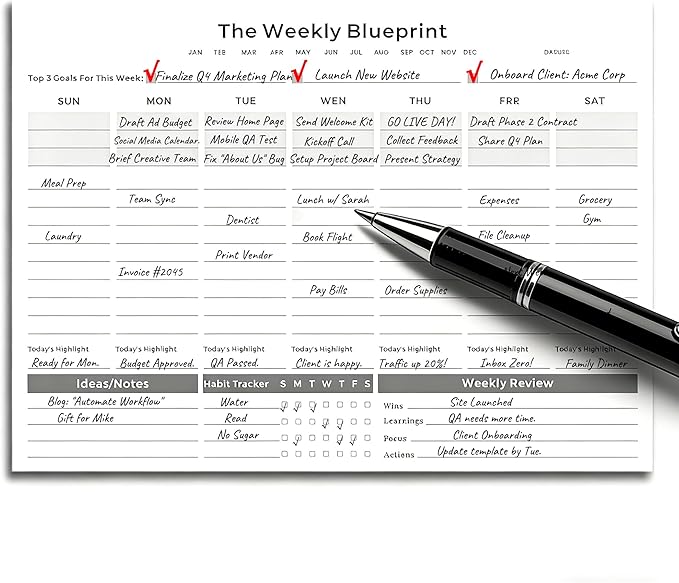 Undated Weekly Planner Pad (8.5"x11") - The "Rule of 3" System for ADHD Focus & Deep Work. Desktop Productivity Organizer with Habit Tracker & Weekly Review. 52 Tear-Off Sheets for a Full Year