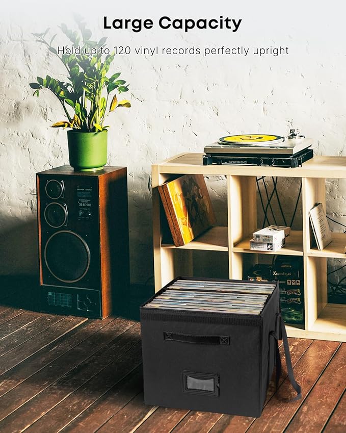 Uniclife 2 Pack Vinyl Record Storage Box, Collapsible LP Storage Organizer with Lid & Handles, Splash-Resistant Album Storage Crate for 120 Single Records (12"), Vinyl Record Holder, 13" × 13" × 13"