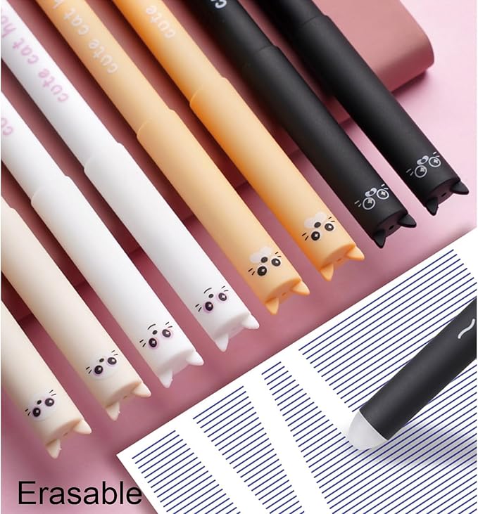 MOZXIRZ 4 Pcs Cute Erasable Pens Cartoon Cat Gel Pen 0.5mm Black Ink Smooth Writing Pen Kawaii Kitty Erasable Pens for Women School Supplies Office Supplies (Cat-Black Ink)