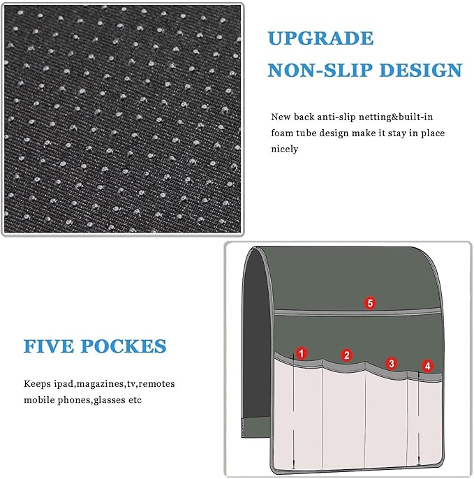 Armrest Organizer Non Slip Remote Control Holder Arm Chair Couch Caddy For Recliner Sofa Bedside With 5 Pocket Storage for Tablet Phone iPad (Black, W13" x L33")