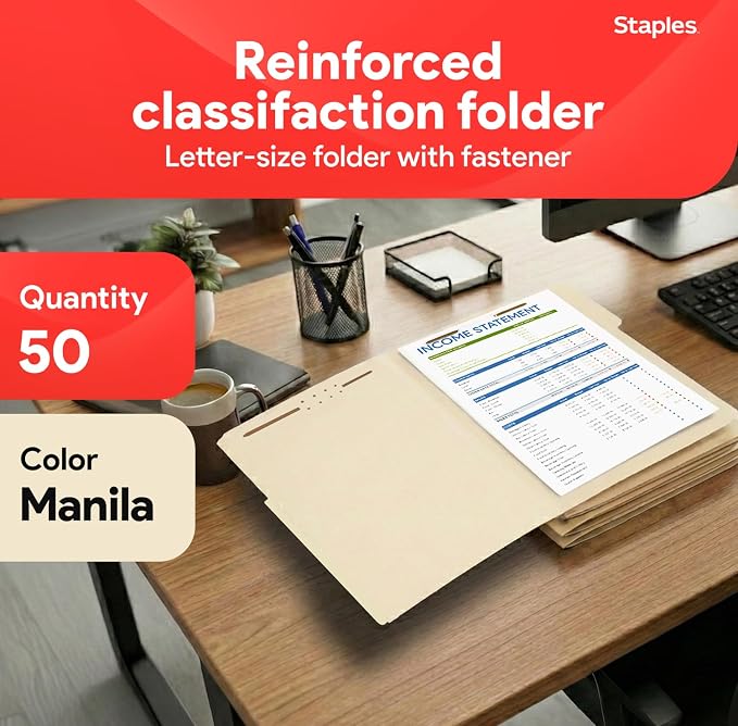 Staples Reinforced Tab Fastener Folder, Letter Size, Manila Pressboard, Durable Construction, 50/Pack