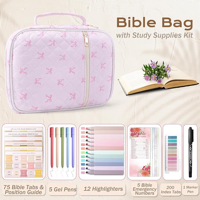 XKDOUS Bible Cases with Study Supplies Durable Carrying Book Case Quilted Bible Cover Large Bible Bag with Handle & Zippered Pocket Portable Church Book Holder for Women
