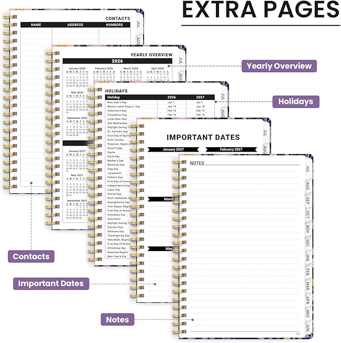 2026–2027 Academic Planner, Weekly and Monthly Planner for Women, July 2026 - June 2027, Pretty Hardcover 2026–2027 Academic Planner with Tabs, Inner Pocket, Spiral Bound, Perfect Office Home School Supplies - 6.3" x 8.5", Mushroom Garden