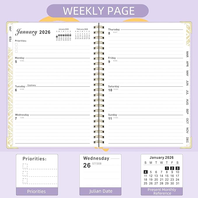 2026 Planner, Jan.2026 - Dec.2026 Weekly Monthly Planner 6.25"x8.5" with Page Tabs, Calendar Hardcover with Inner Pocket, Elastic Band, Twin-Wire Binding, Bookmark, Purple Love Heart