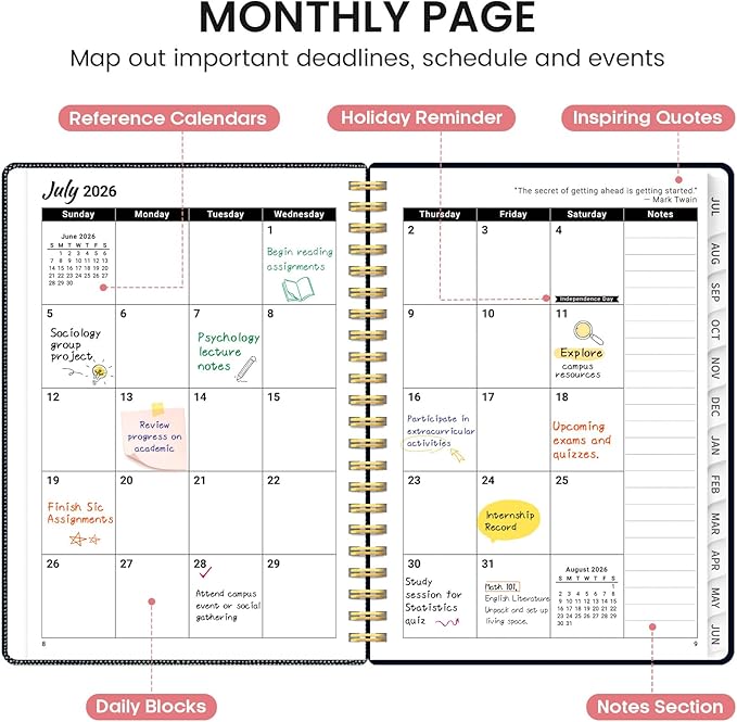Planner 2026-2027, Academic Monthly and Weekly Calendar Planner for Women, July 2026 - June 2027, Hardcover Pretty Agenda Planner Book with Tabs, Spiral Daily Organizer for School Office Home Supplies, 6.3" x 8.5" - Garden of Whimsy