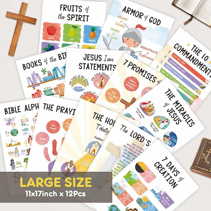12 PCS Kids Bible Education Posters Set (11x17") - Biblical Learning Charts for Sunday School Classroom Christian Religious Home Wall Decor, Books of the Bible, 10 Commandments & More