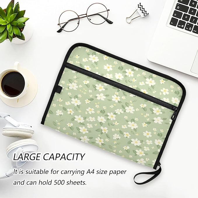 Pale Green and Yellow Flowers Accordion File Organizer Expanding Document Folder with 13 Pockets Portable File Folder for A4 Letter Size