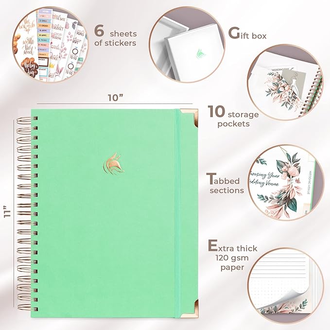 Clever Fox Wedding Planner – Notebook Organizer for Bride – Wedding Planning Binder Book with Pockets – Engagements Gift, 10x11″ (Mint Green)