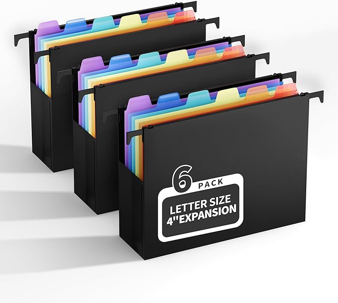 Uquelic Plastic Hanging File Folders Letter Size, 6 Pack Reinforced Heavy Duty Hang Folder with Movable Bright Dividers, Adjustable Tabs, 4" File Organizer for Filing Cabinet, School, Office