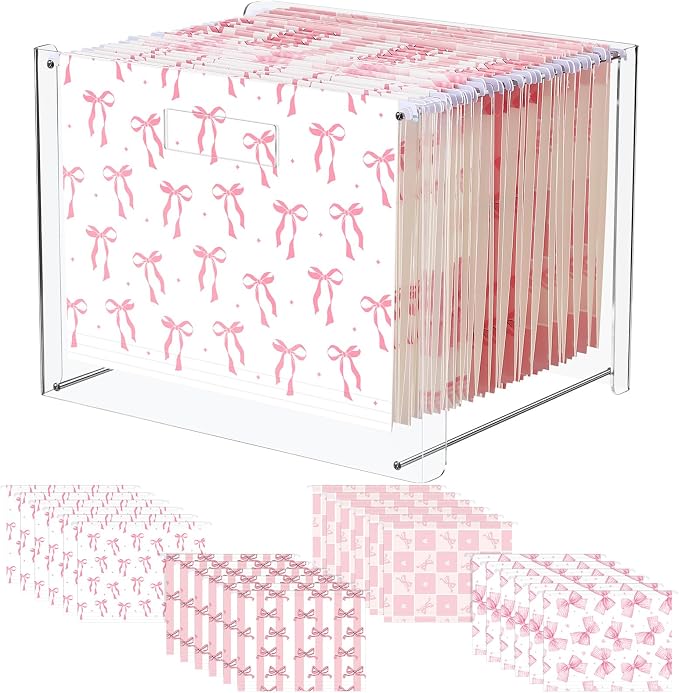 Dispowreath 24 Hanging File Folder with Acrylic Organizer for Letter/a4 Size Desktop Clear File Storage Box with Handles for Home Work Office Use(Pink,Bow)